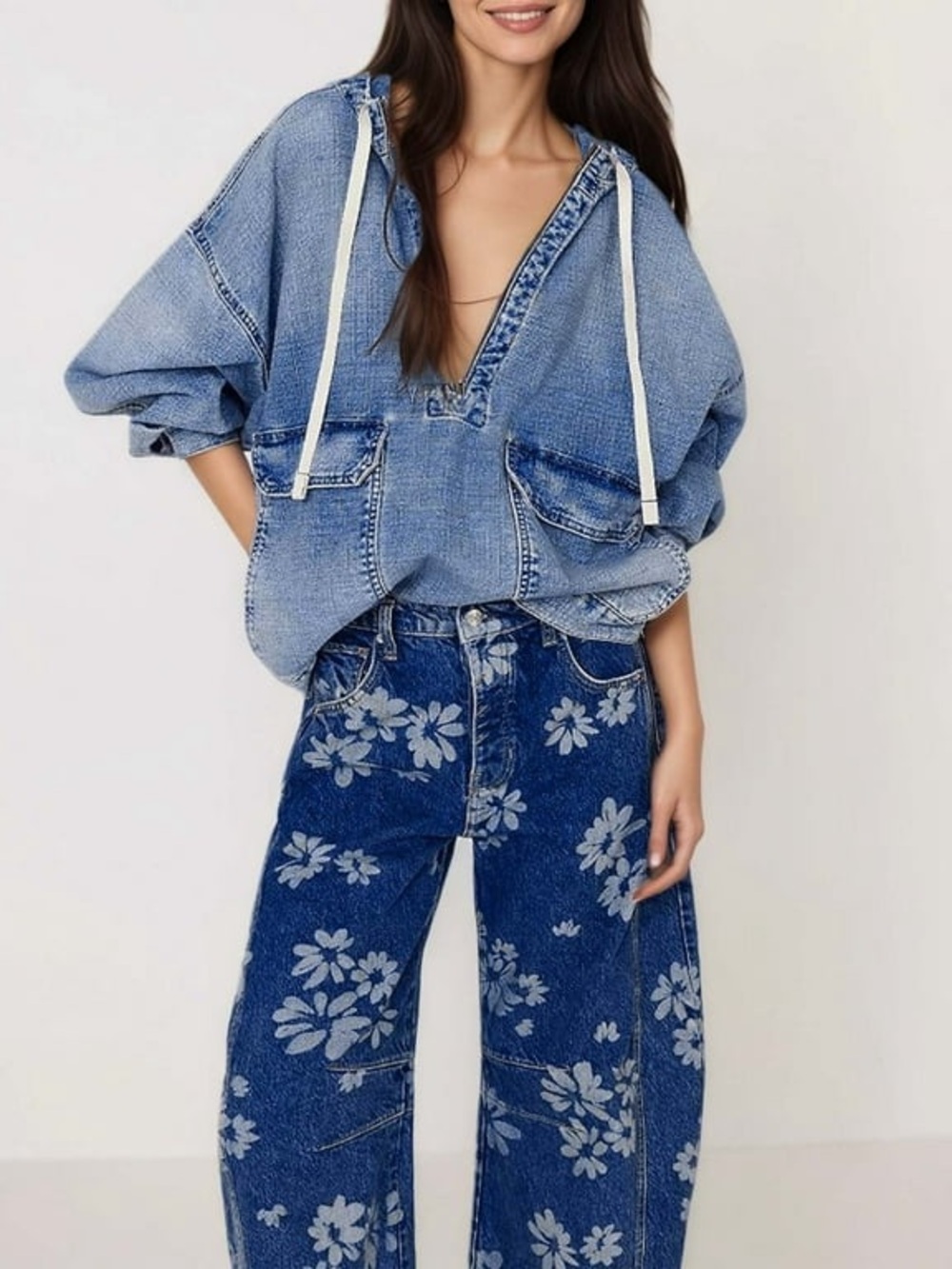 Half Zip Denim Hoodie Trendy Oversized Pullover with Drawstring L - Picture 3 of 6